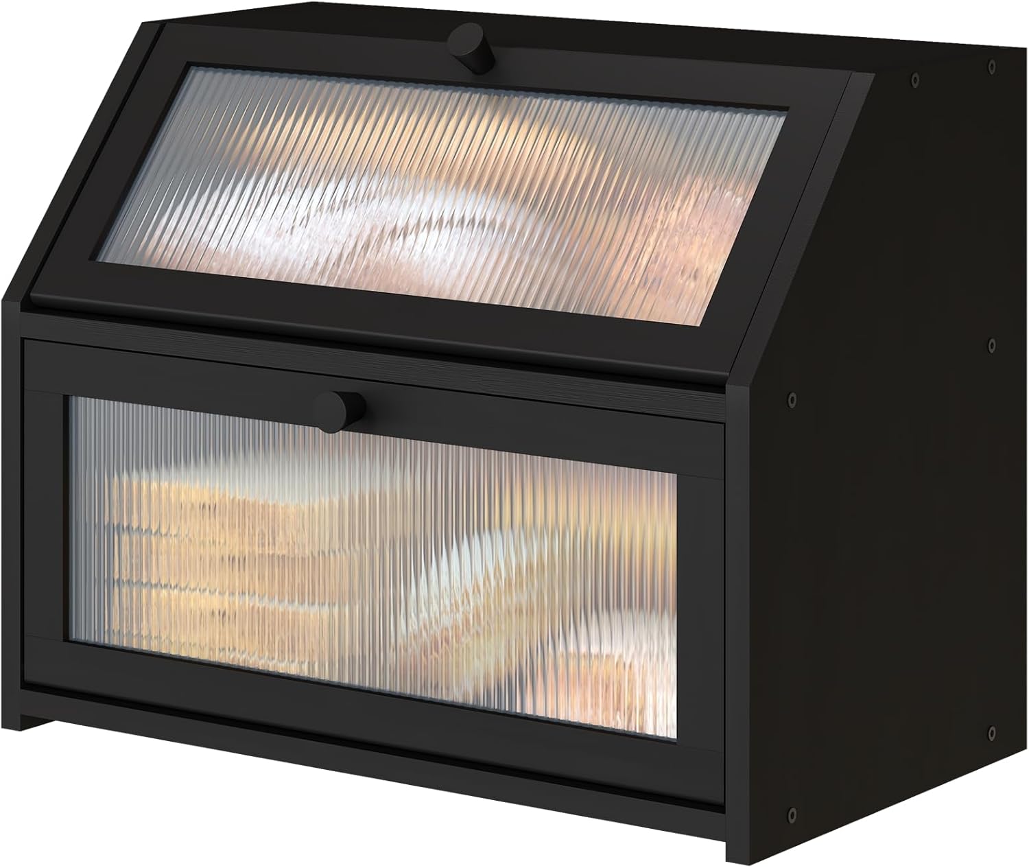 Black Bread Box for Kitchen Counter, Large Bamboo Wood Double Layer Bread Box, Wooden Bread Storage Capacity