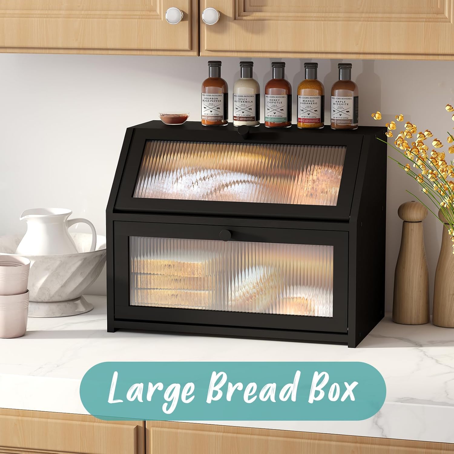 Black Bread Box for Kitchen Counter, Large Bamboo Wood Double Layer Bread Box, Wooden Bread Storage Capacity - Image 2