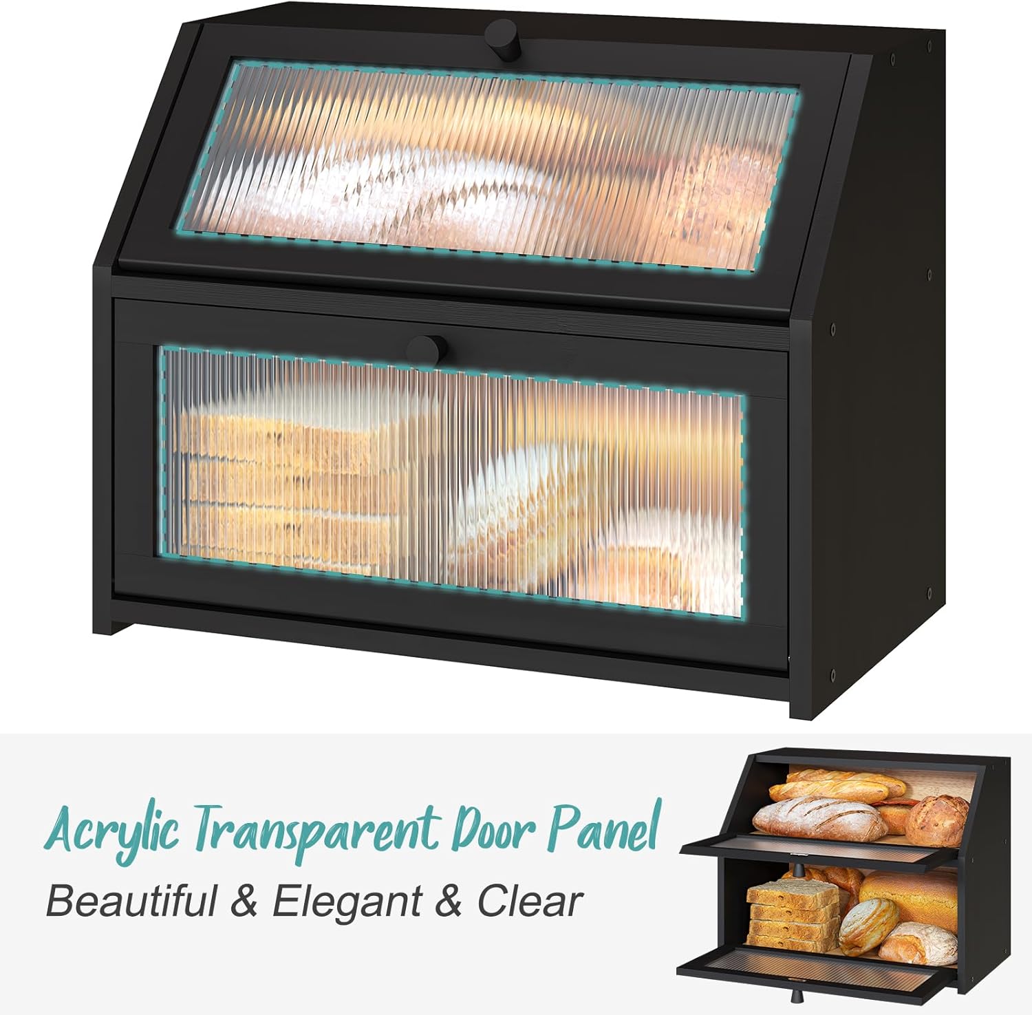 Black Bread Box for Kitchen Counter, Large Bamboo Wood Double Layer Bread Box, Wooden Bread Storage Capacity - Image 3