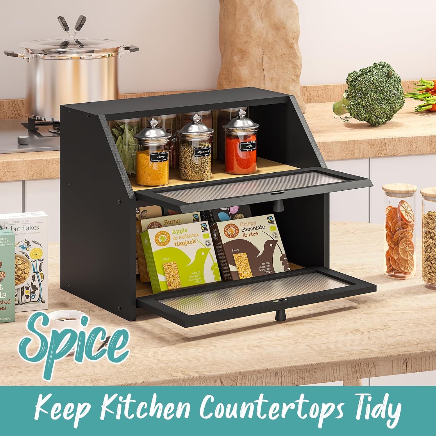 Black Bread Box for Kitchen Counter, Large Bamboo Wood Double Layer Bread Box, Wooden Bread Storage Capacity - Image 4