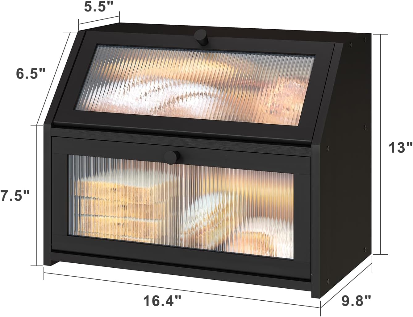 Black Bread Box for Kitchen Counter, Large Bamboo Wood Double Layer Bread Box, Wooden Bread Storage Capacity - Image 5