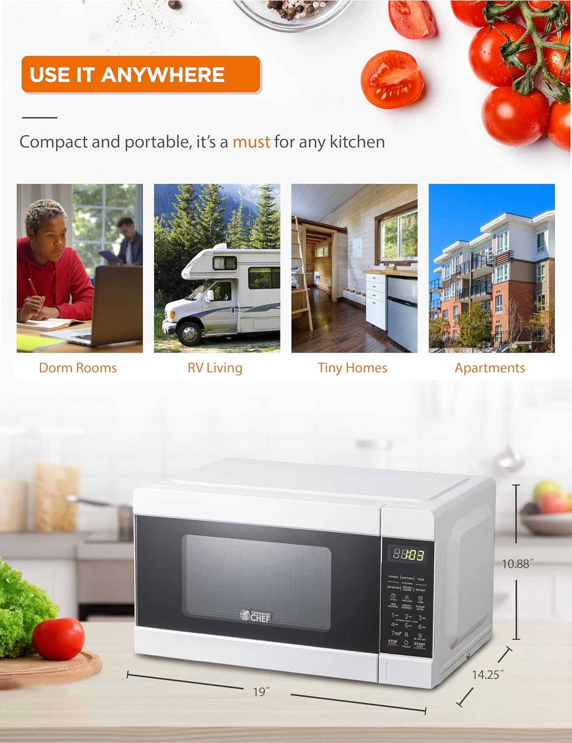 Commercial CHEF CHM990W 900 Watt Counter Top Microwave Oven, 0.9 Cubic Feet, White Cabinet - Image 7