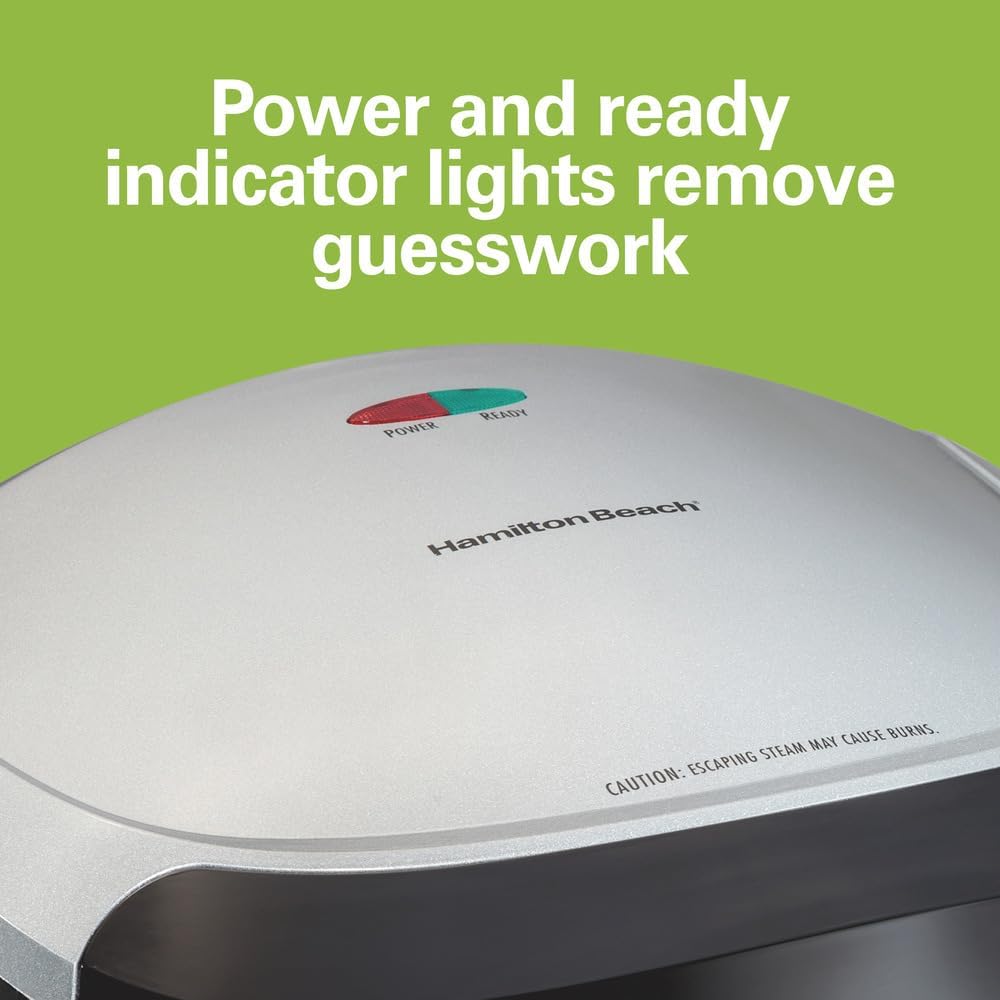 Hamilton Beach Electric Indoor Grill, 6-Serving, Large 90 sq. in. Nonstick Easy Clean Plates, Floating Hinge for Thicker Foods, 1200 Watts, 6.38"D x 12.68"W x 13.78"H , Silver (25371) - Image 7