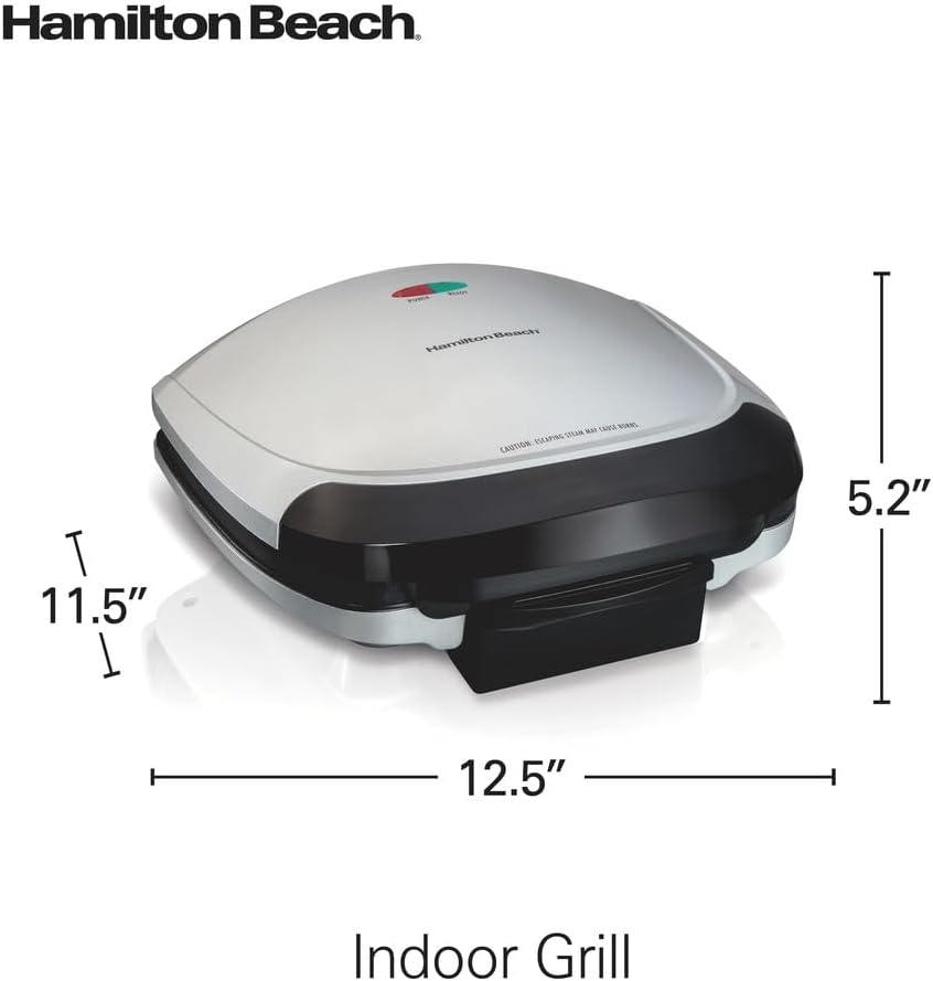 Hamilton Beach Electric Indoor Grill, 6-Serving, Large 90 sq. in. Nonstick Easy Clean Plates, Floating Hinge for Thicker Foods, 1200 Watts, 6.38"D x 12.68"W x 13.78"H , Silver (25371) - Image 8