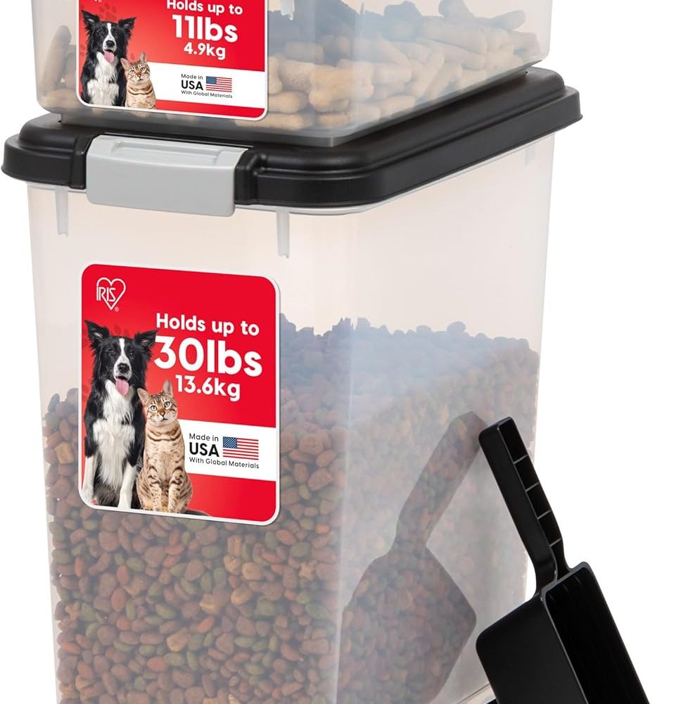 IRIS USA Dog Food Storage Container, 30 lbs & 11 lbs Combo, Cat Food Storage Container, Dog Treat Container, Airtight, Stackable, 2-Cup Scoop, Wheels, Easy Mobility, Black