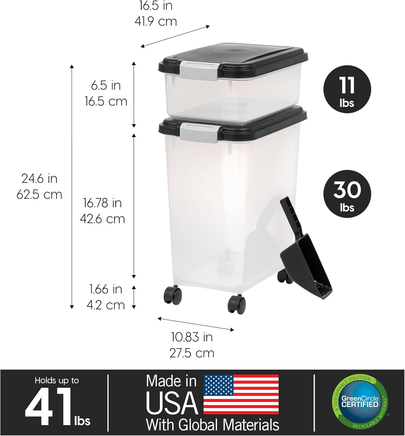 IRIS USA Dog Food Storage Container, 30 lbs & 11 lbs Combo, Cat Food Storage Container, Dog Treat Container, Airtight, Stackable, 2-Cup Scoop, Wheels, Easy Mobility, Black - Image 3