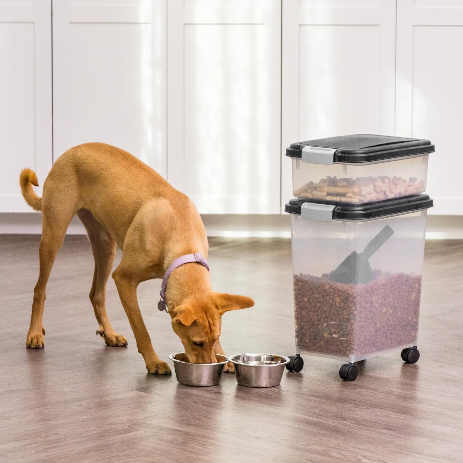 IRIS USA Dog Food Storage Container, 30 lbs & 11 lbs Combo, Cat Food Storage Container, Dog Treat Container, Airtight, Stackable, 2-Cup Scoop, Wheels, Easy Mobility, Black - Image 9