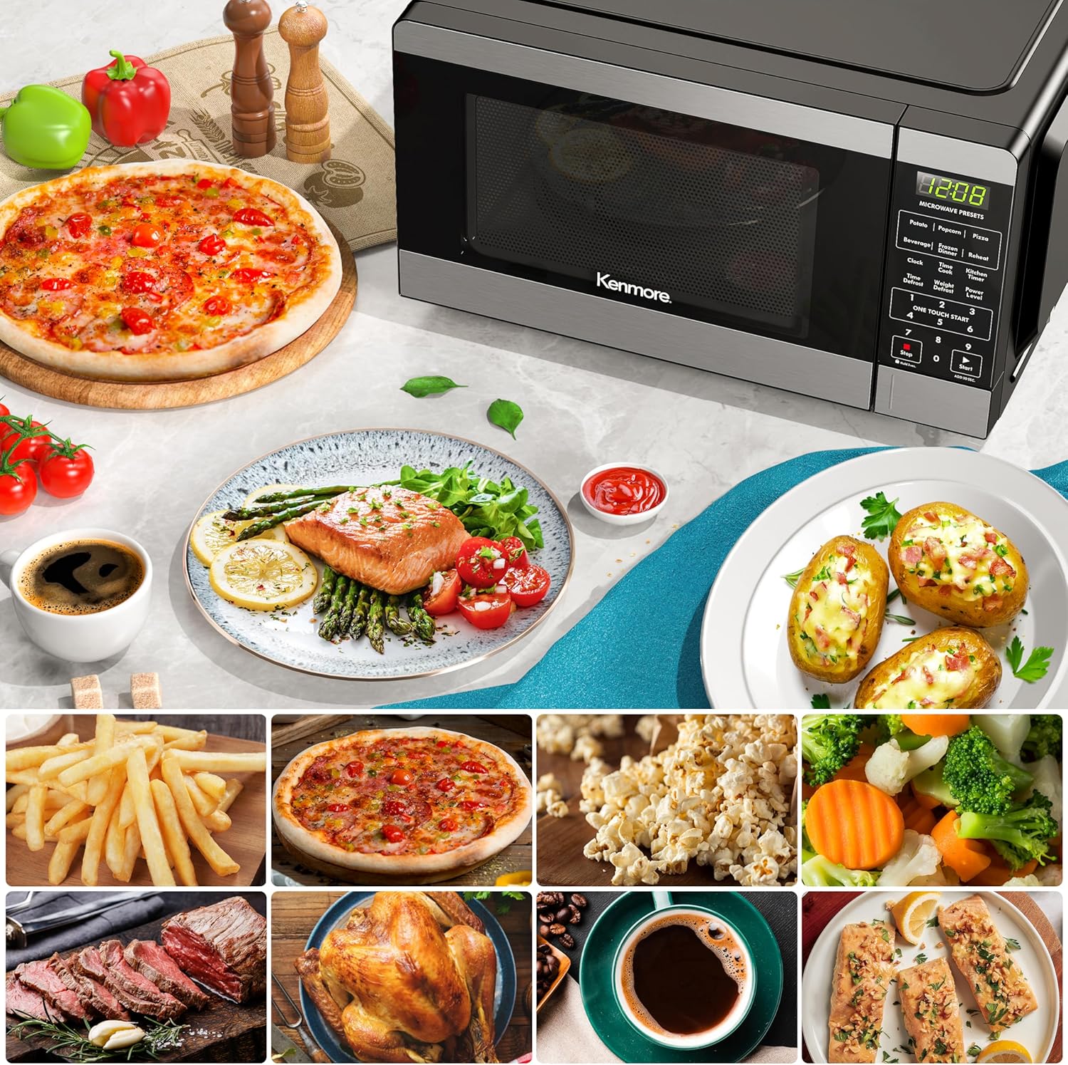 Kenmore KMCMWP09S2-09 Countertop Microwave 6 Auto-Preset Menus, Child Lock, Defrost & Express Cooking Features, 900 Watt, 0.9 Cu Ft, Stainless Steel - Image 6