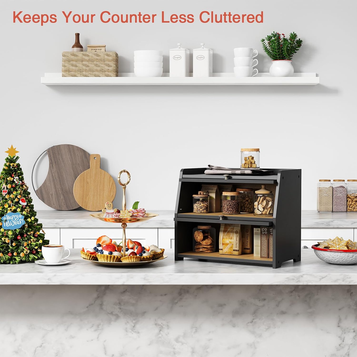 Large Bread Box for Kitchen Countertop, Black Bread Storage Container for Homemade Bread, Double Layer Farmhouse Breadbox Organizer for Kitchen Counter Cabinet, Pantry, Cupboard (Black) - Image 3