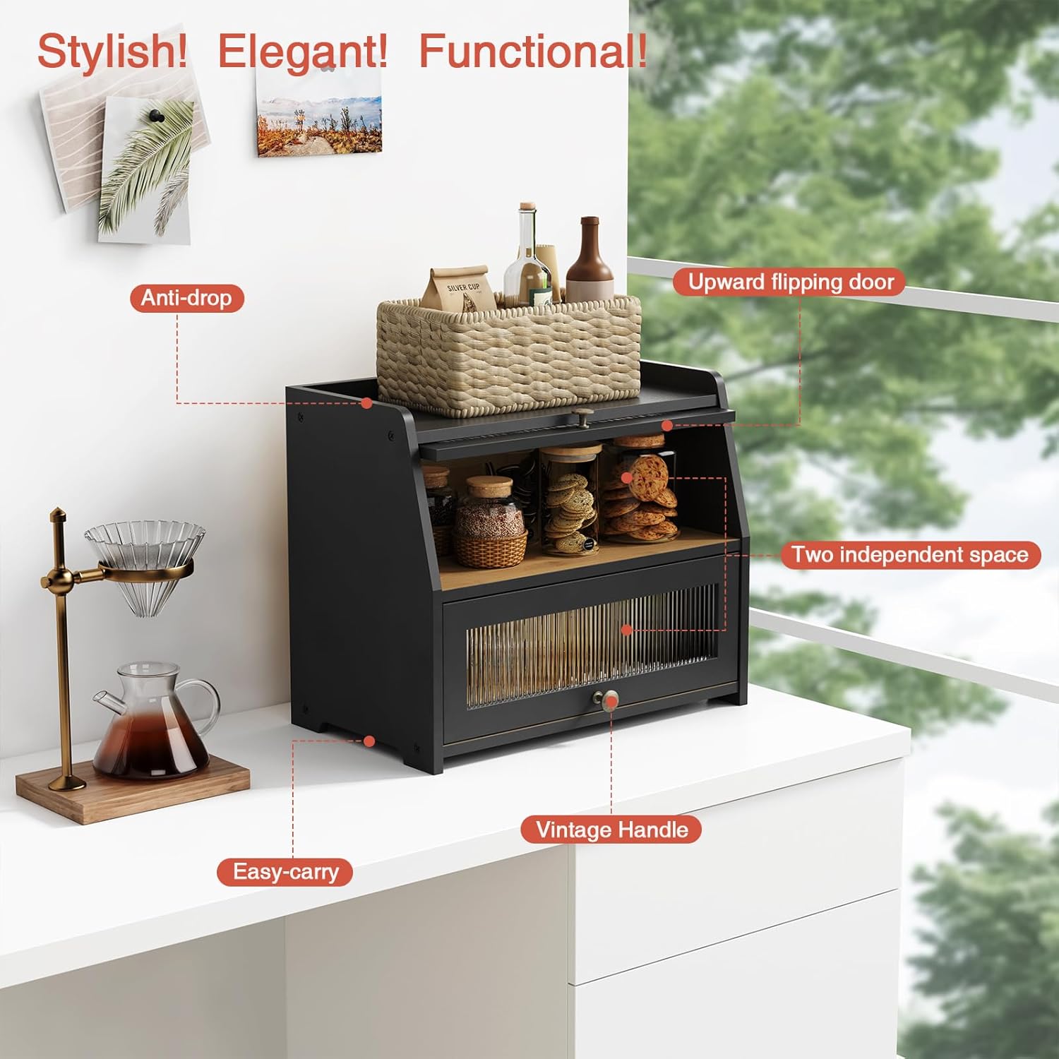 Large Bread Box for Kitchen Countertop, Black Bread Storage Container for Homemade Bread, Double Layer Farmhouse Breadbox Organizer for Kitchen Counter Cabinet, Pantry, Cupboard (Black) - Image 4