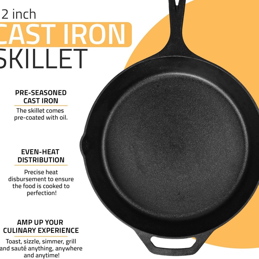 Utopia Kitchen Cast Iron Frying Pan 12 Inch, Cast Iron Chefs Pan, Pre Seasoned Skillet, Safe Grill Cookware for Indoor & Outdoor Use, Black - Image 4