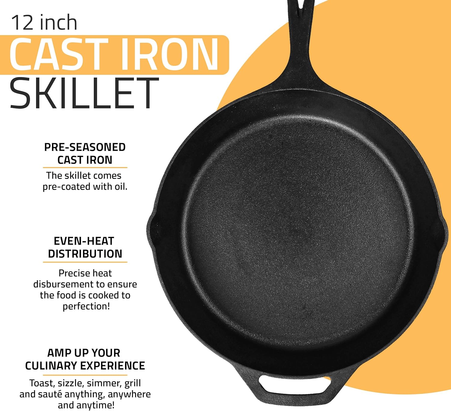 Utopia Kitchen Cast Iron Frying Pan 12 Inch, Cast Iron Chefs Pan, Pre Seasoned Skillet, Safe Grill Cookware for Indoor & Outdoor Use, Black - Image 4